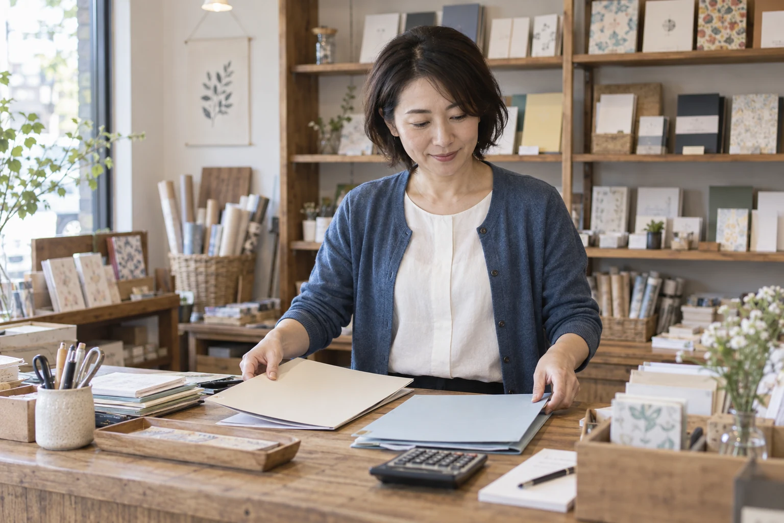文具店で資金用の書類と計算機を確認する架空の創業者。AI生成のイメージ