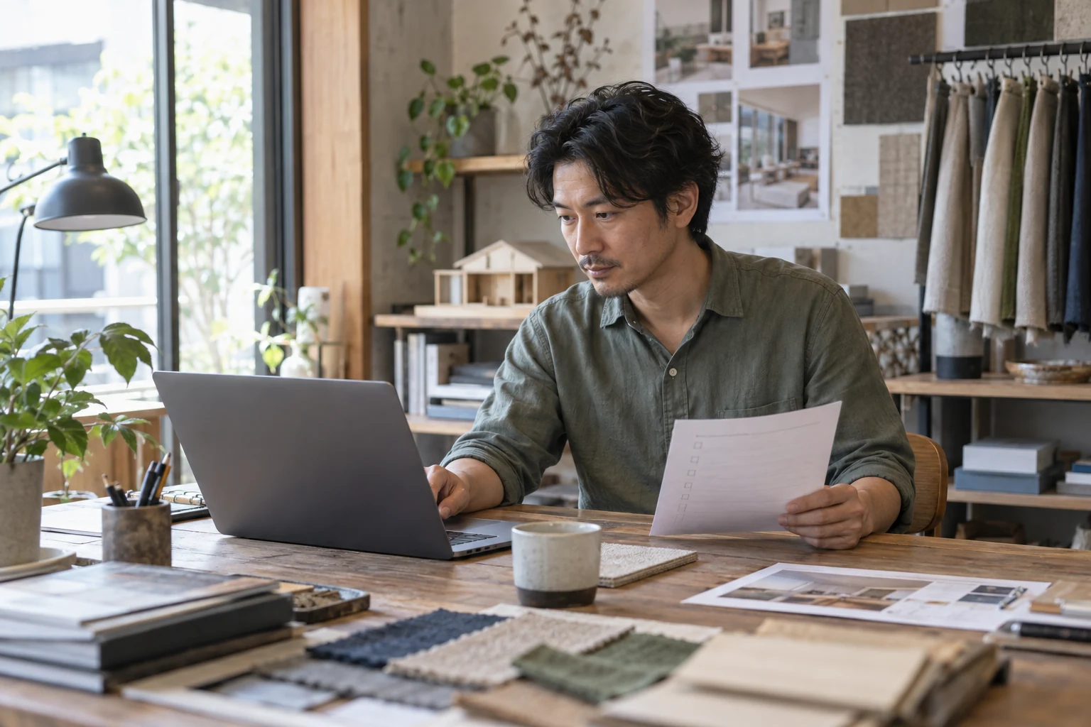 仕事場でパソコンと手続の確認メモを見る架空の事業者。AI生成のイメージ。公式の操作画面ではありません