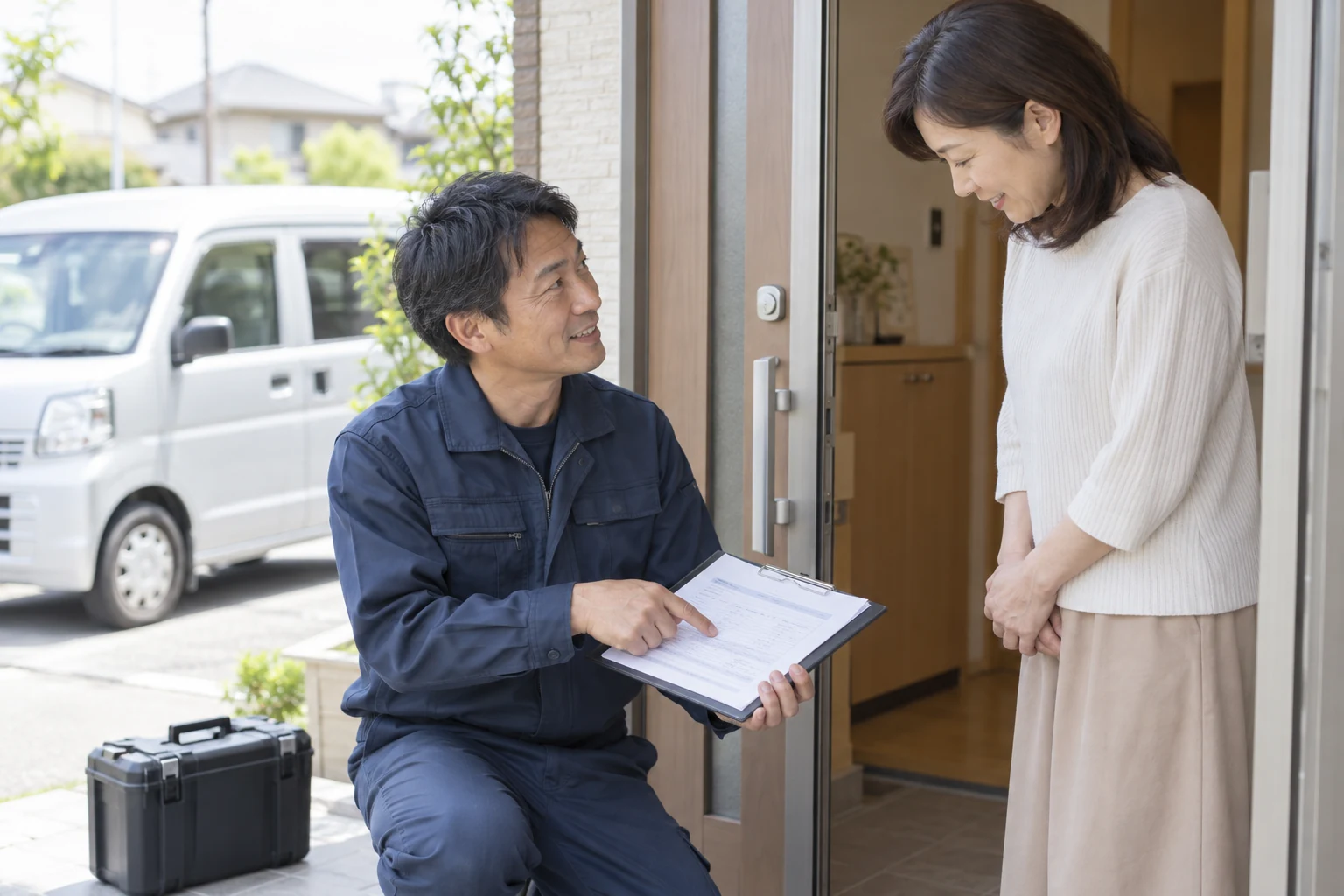 作業前に料金の確認書を説明する架空の出張鍵サービス事業者と利用者。AI生成のイメージ