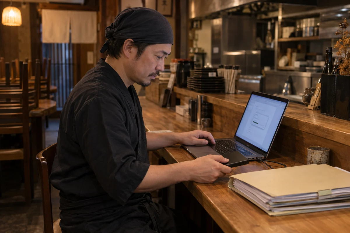 飲食店の事業主が閉店後のカウンターで電子契約書を保存するAI生成の架空イメージ