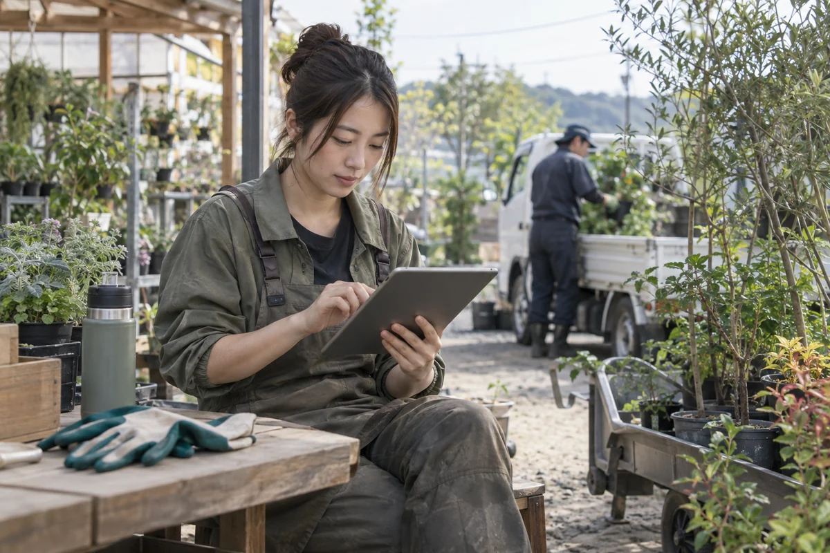 植栽の仕事場で造園業の創業者がタブレットから申込の一時保存を再開するAI生成の架空イメージ