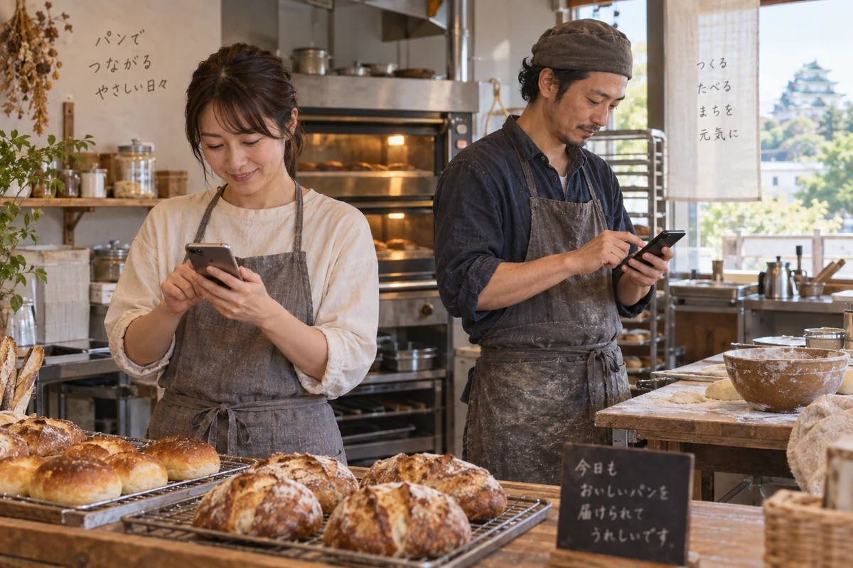 パン工房で、共同経営者がそれぞれ自分のスマートフォンで電子署名を確認する架空の場面