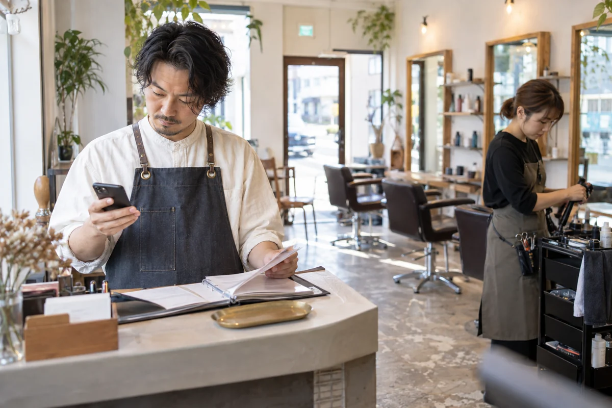 ヘアサロンの店主が受付で自分の電話と連絡先を確認する架空の場面