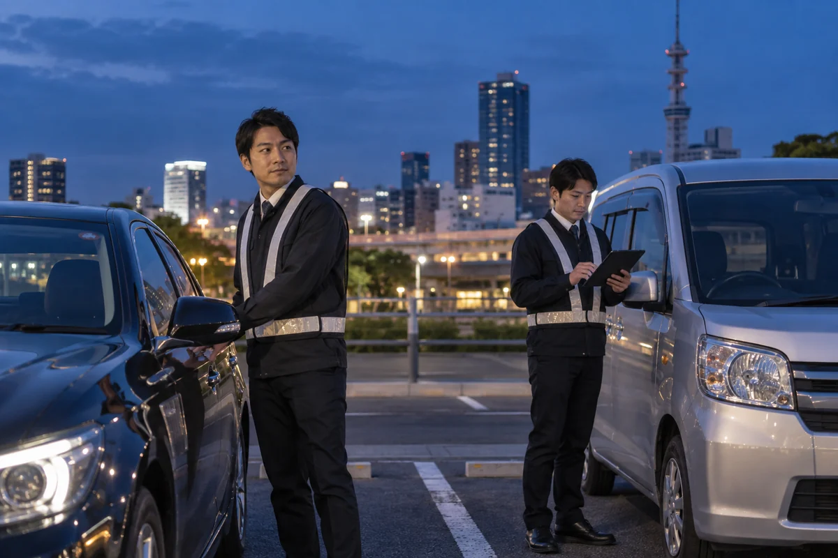 夕方の駐車場で運転代行チームが代行車と随伴車を分けて出発準備する架空の場面