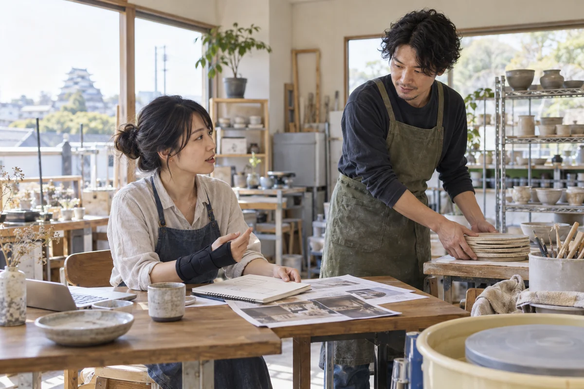 手首を療養中の陶芸工房の創業者が同僚と開業日程を確認する架空の場面