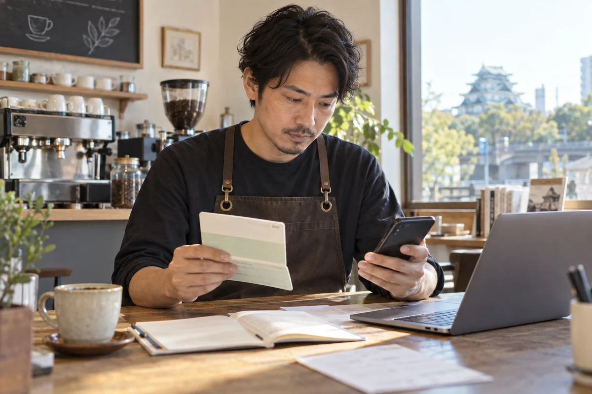 カフェ創業者が電子契約前にスマートフォンと通帳を照合する架空の場面