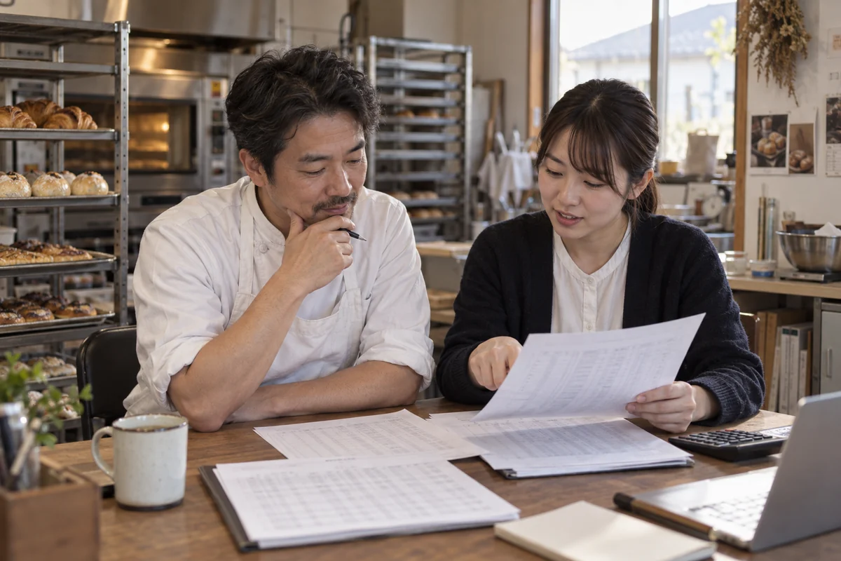 創業後のパン店主と記帳担当者が月次の帳票を確認する架空の場面