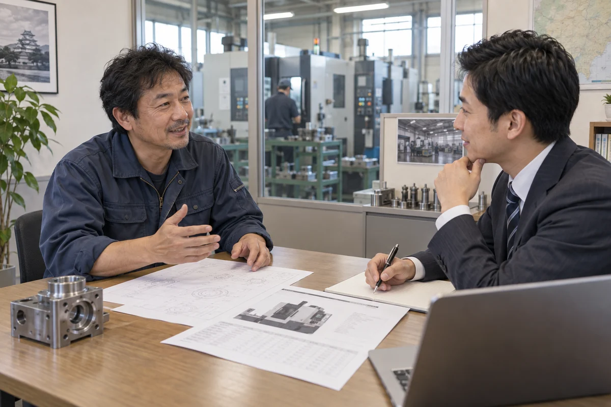 町工場の創業者と金融機関担当者が資金計画と設備見積を確認する架空の場面