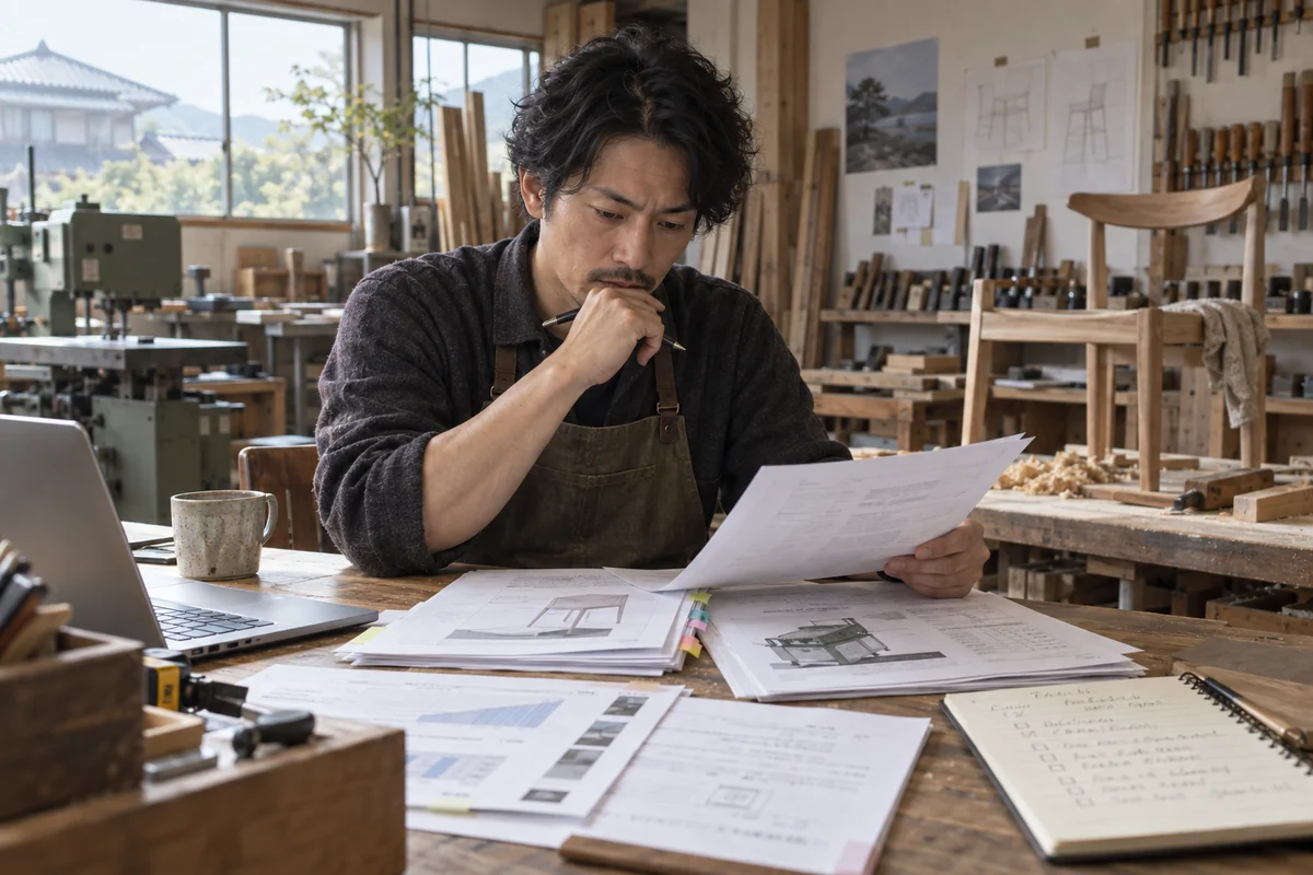 家具工房の創業者が再面談に向け計画書・見積・質問メモを並べる架空の場面
