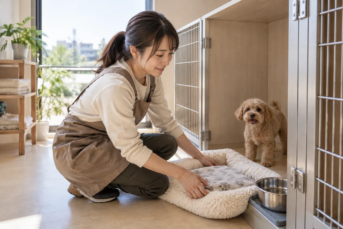 架空のペットホテル従業者が犬の預かりスペースを整える場面