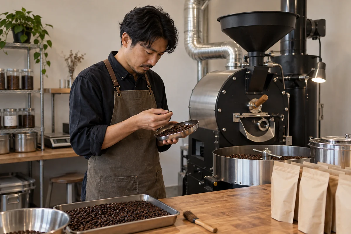 架空のコーヒー焙煎店主が焙煎機のそばで焙煎豆の状態を確認する場面