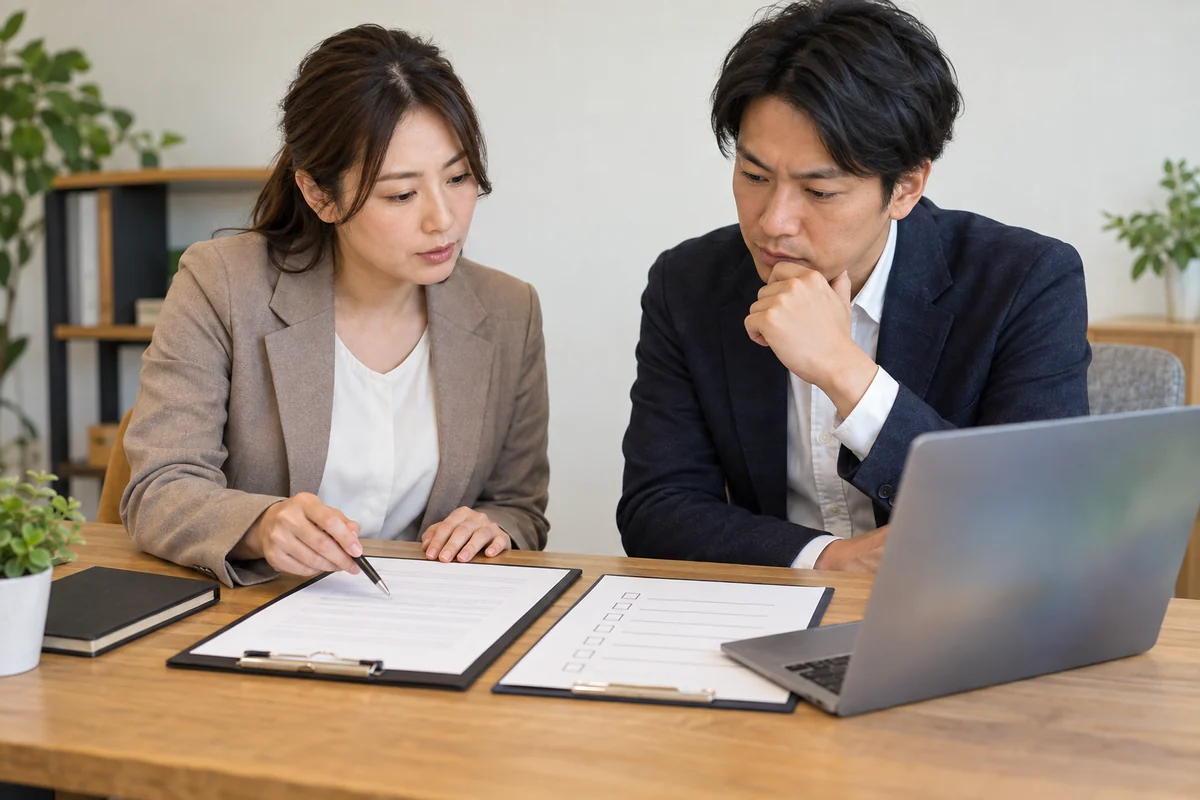 架空の事業者二人が電子契約と団体保険の書類を検討する場面