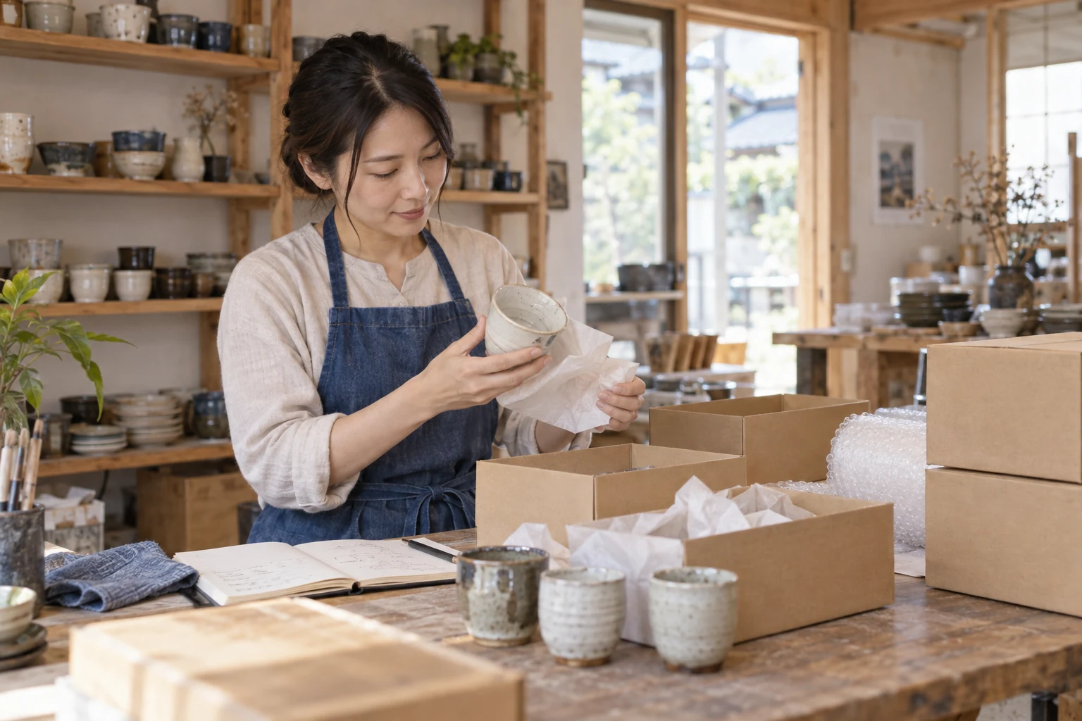 陶器工房で予約商品の梱包と出荷計画を確認する架空の創業者。AI生成イメージ