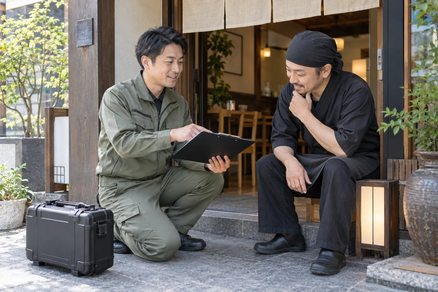 飲食店の入口で調査項目を説明する架空の害虫防除事業者と店主。AI生成イメージ