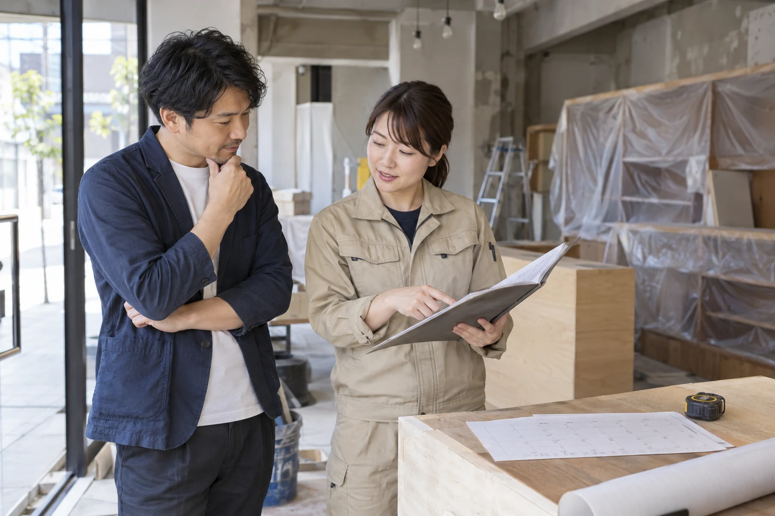 開業予定の店舗で見積と支払日を相談する架空の創業者と工事担当者。AI生成イメージ
