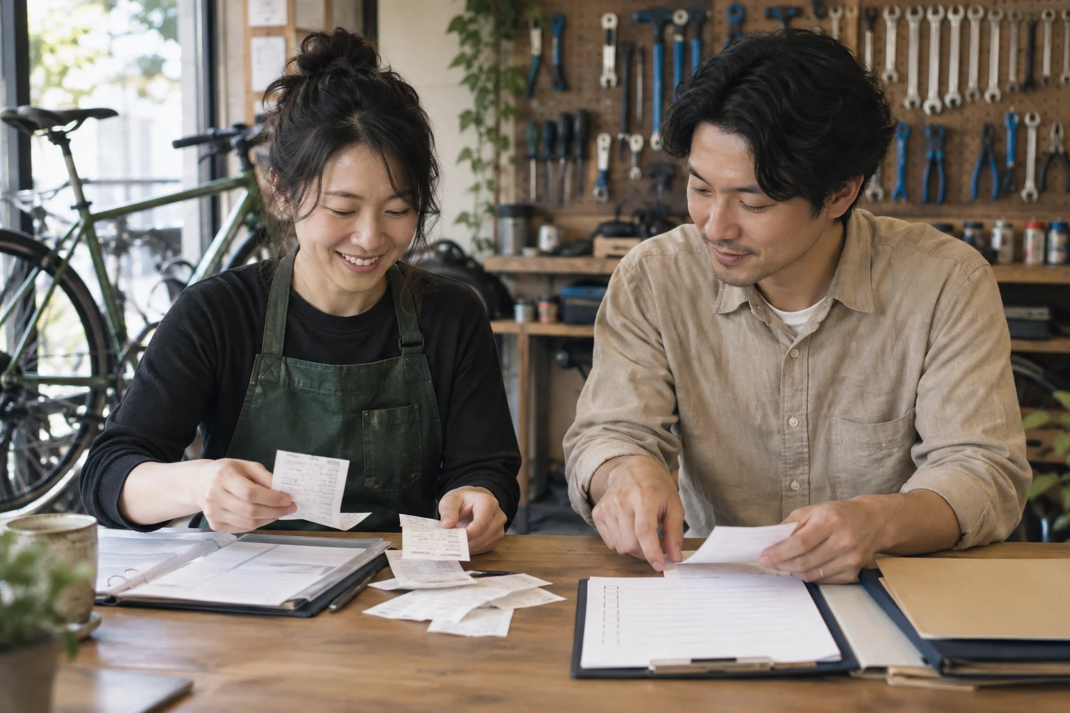 自転車修理店で資料を仕分けする架空の創業者と支援担当者。AI生成イメージ