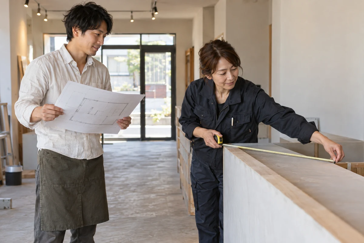 空き店舗でカウンター寸法と図面を確認する架空の開業者と施工担当者(AI生成)