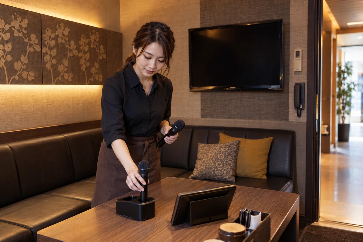 開店前にマイクの充電を確認する架空のカラオケ店開業者(AI生成)