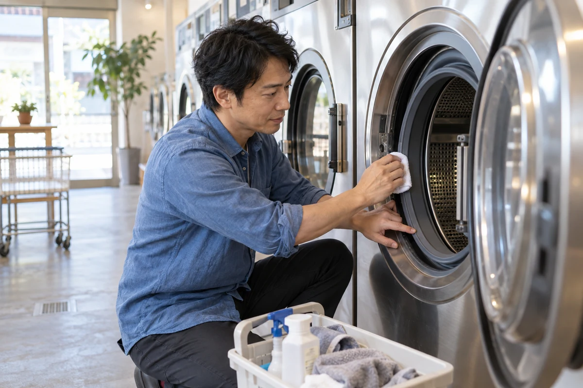 コインランドリーの洗濯乾燥機を点検するスタッフの架空イメージ(AI生成)