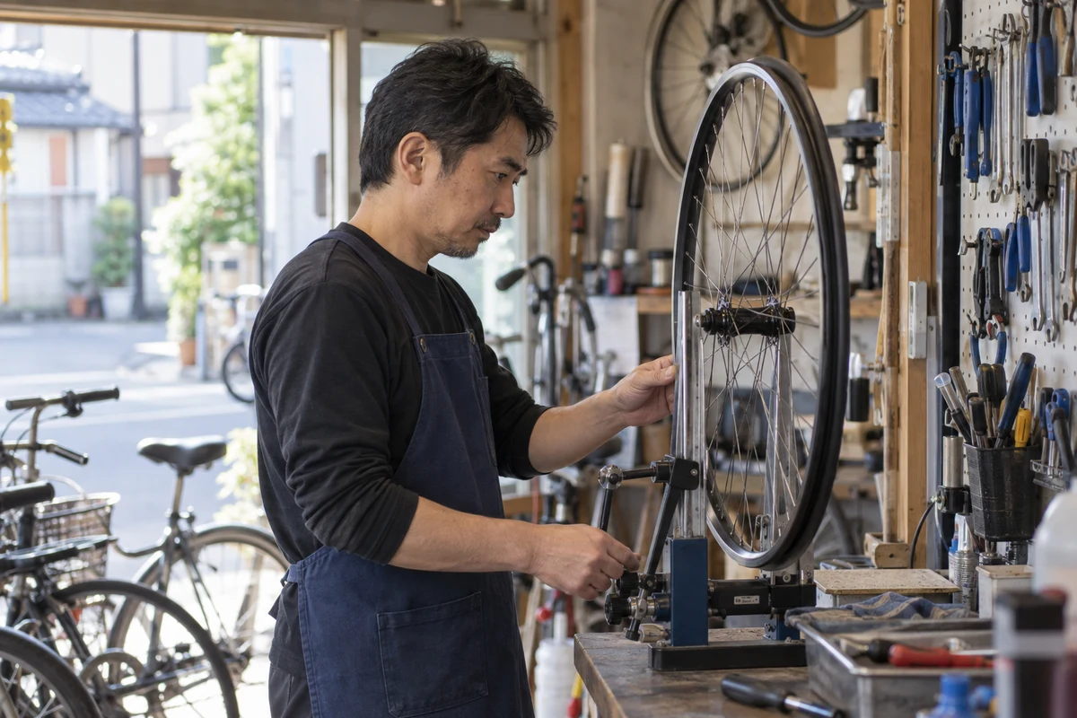 自転車修理店で車輪の振れを点検する事業主。AI生成イメージ