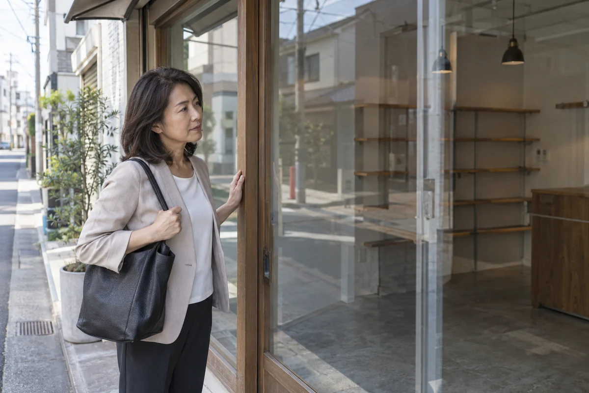 出店候補の空き店舗を外から確認する女性起業家。AI生成イメージ