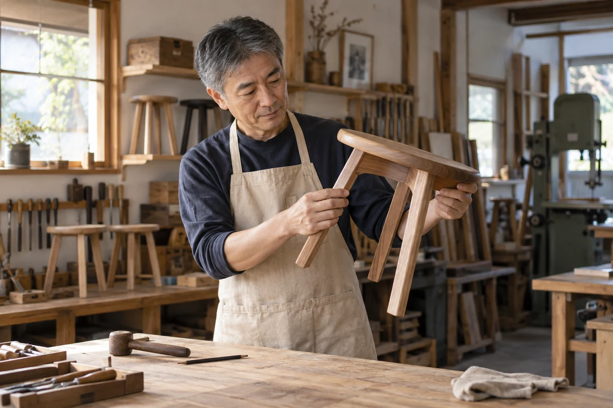 木工房で完成した椅子を点検する職人。人物の経歴を示さないAI生成イメージ