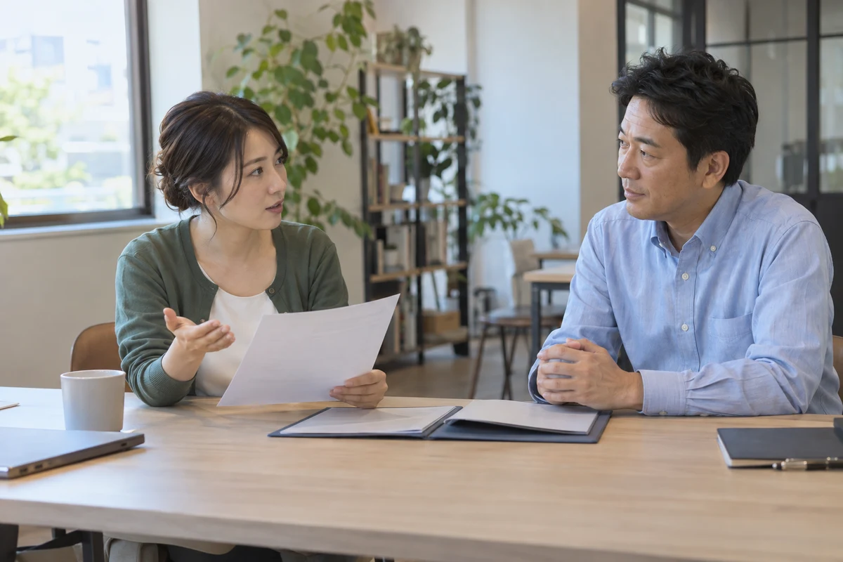 契約前に業務範囲を質問する起業家と説明を聞く支援担当者。AI生成イメージ