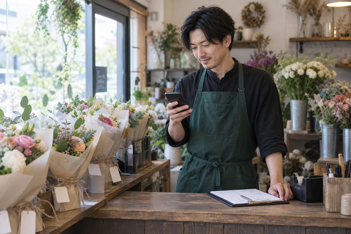 花店で配送書類とスマートフォンの記録を確認する店主。AI生成イメージ