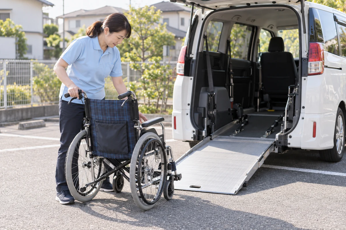 福祉車両のそばで出発前に車いすを確認するスタッフの架空の場面(AI生成)