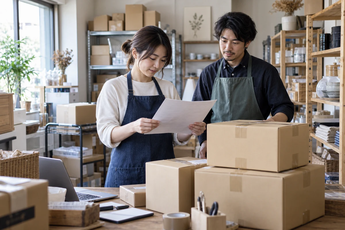 通販事業の作業場で出荷箱と請求資料を照合する経営者と担当者の架空の場面(AI生成)