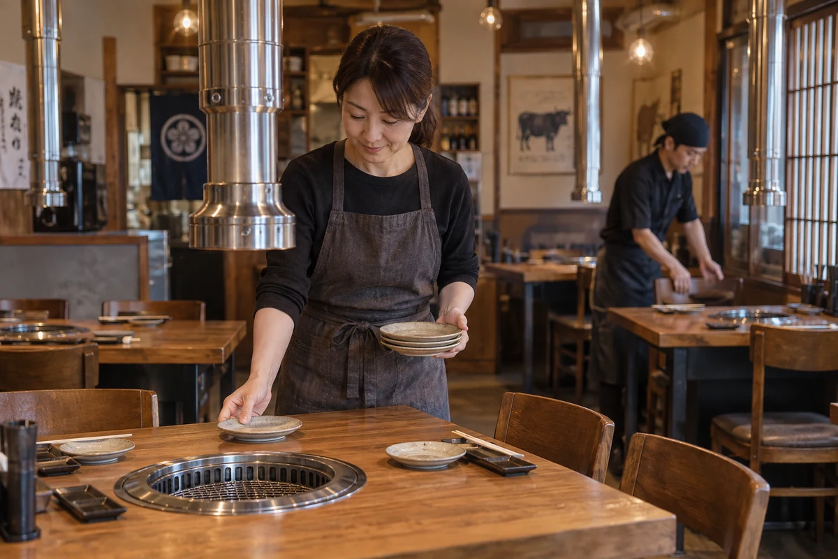 開店前の焼肉店で卓上の皿を整える店主とスタッフの架空の場面(AI生成)