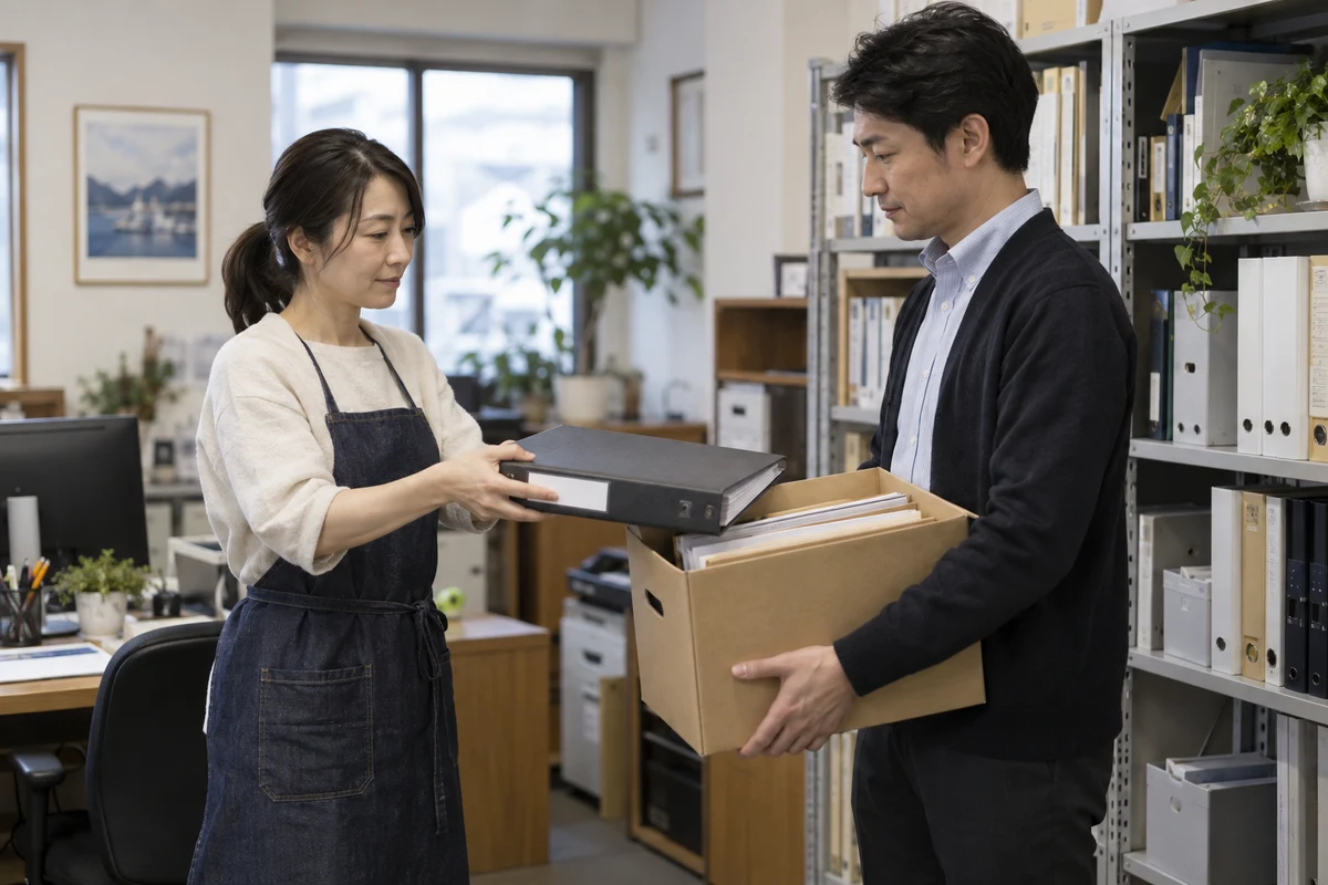 事務所の書類棚のそばで会計資料を引き継ぐ担当者と経営者の架空の場面(AI生成)