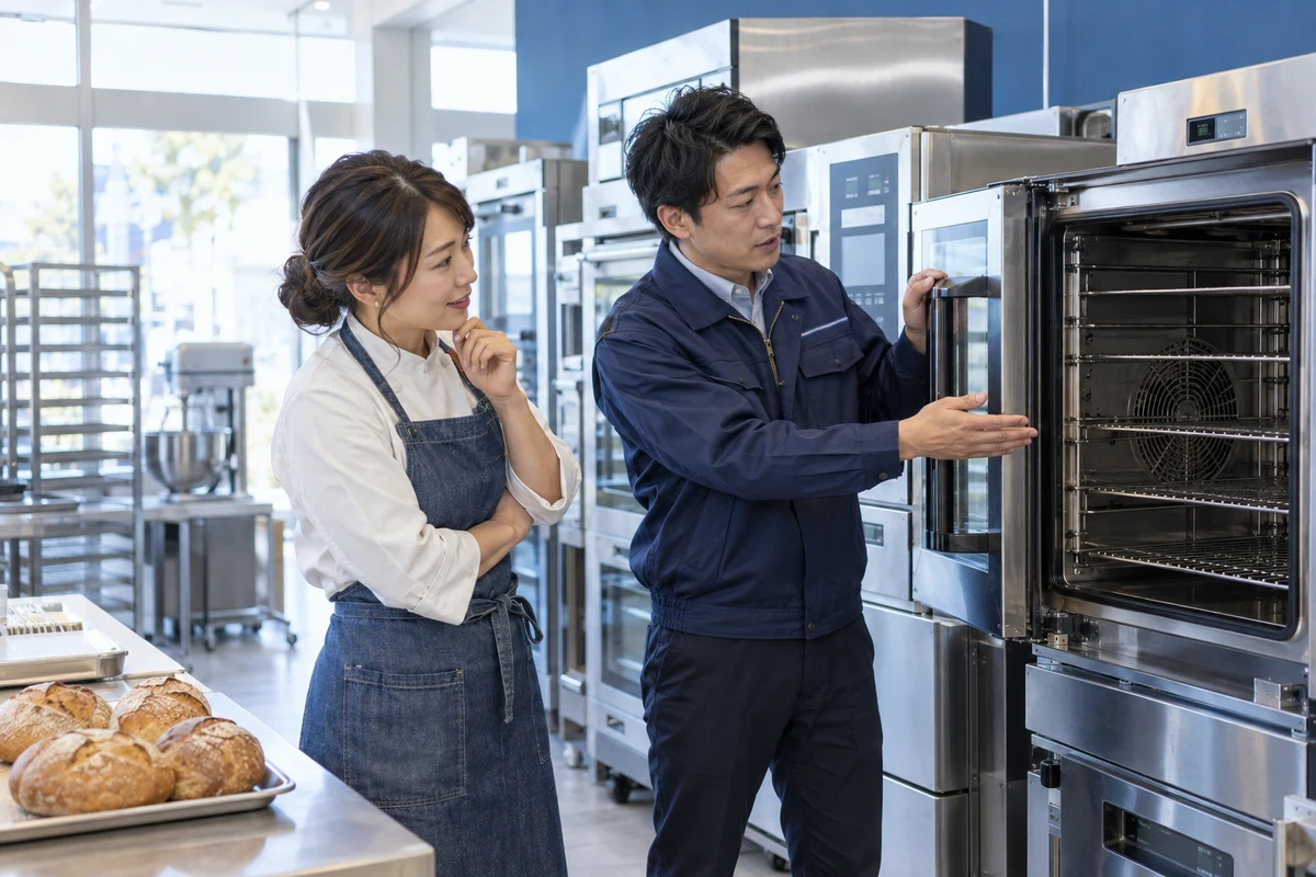 厨房機器の展示場でオーブンを確認する創業予定者と担当者の架空の場面(AI生成)