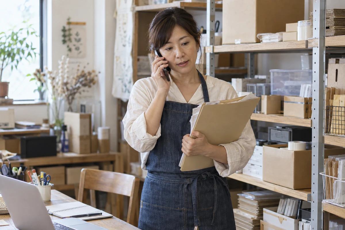 店舗の創業者が納付書類を手に電話で確認する架空の場面(AI生成)