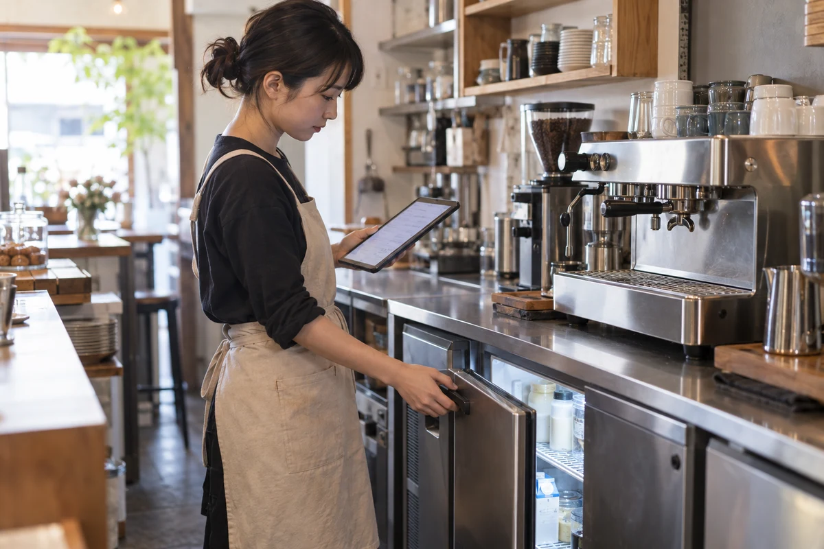 カフェの創業者が厨房機器と設備一覧を照合する架空の場面(AI生成)