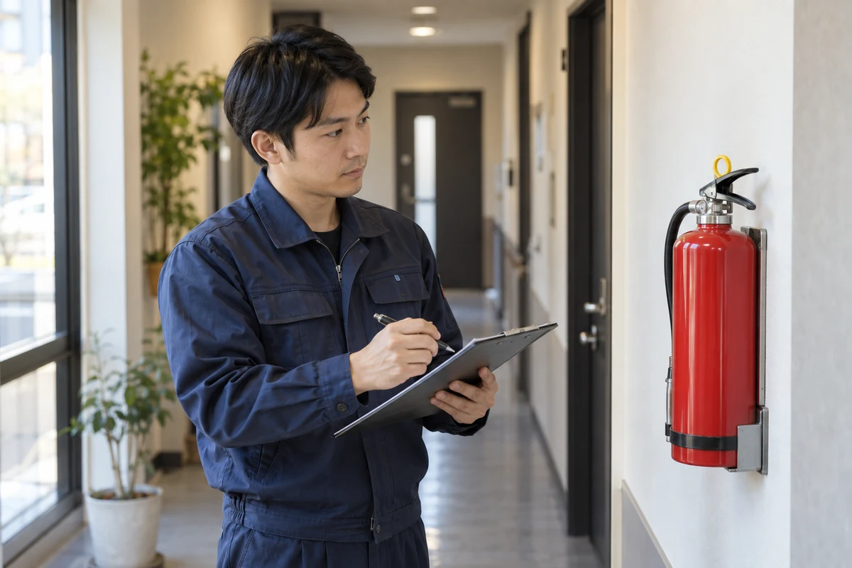 消防設備の点検担当者が消火器を目視確認し、記録を取る架空の場面(AI生成)