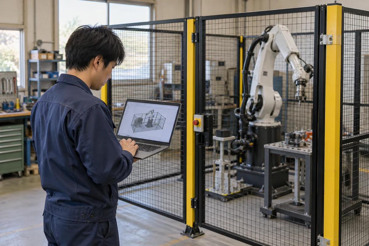 ロボットSIerの技術者が柵の外で設計画面を確認する架空の場面(AI生成)
