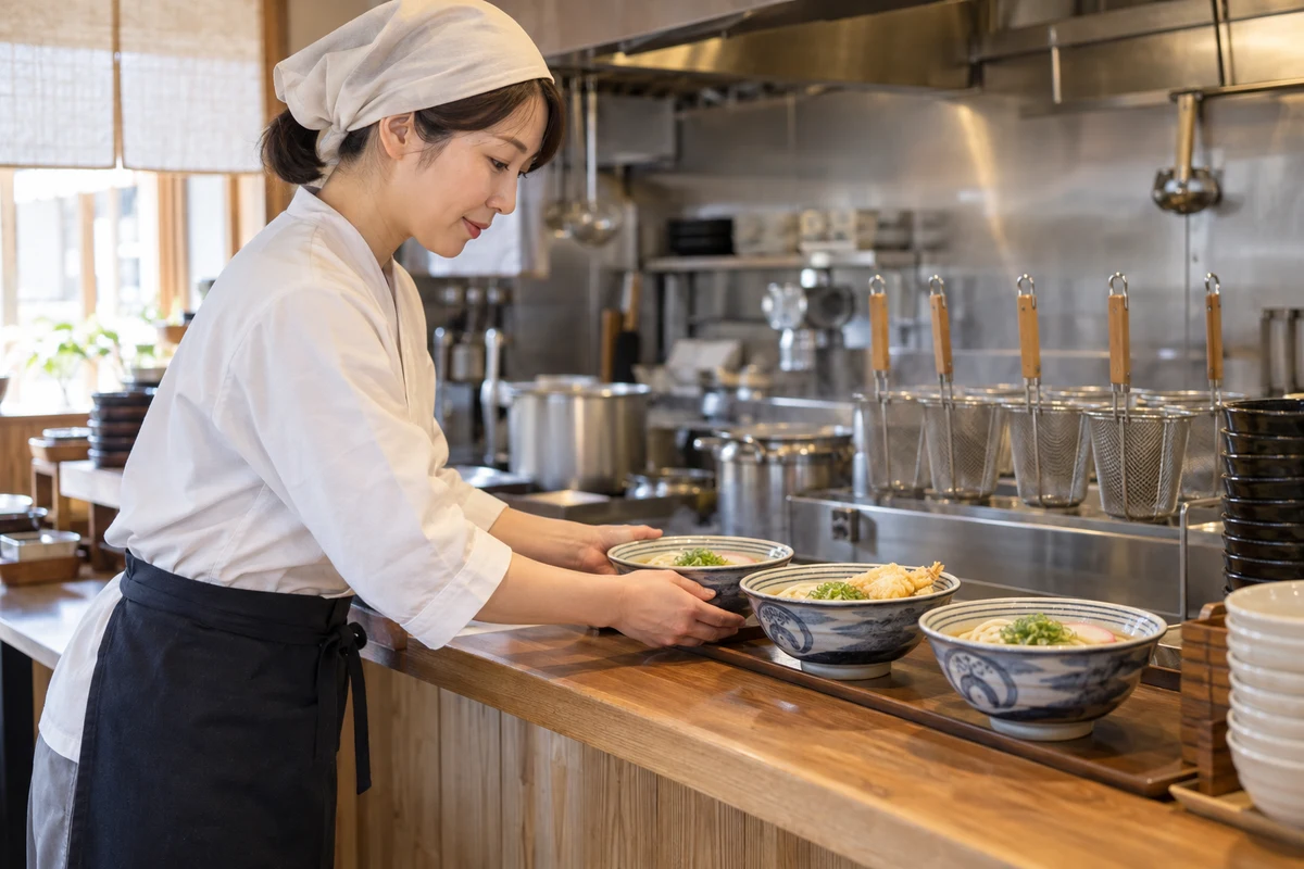 そば・うどん店の開業準備で提供カウンターの丼を整える架空の場面(AI生成)