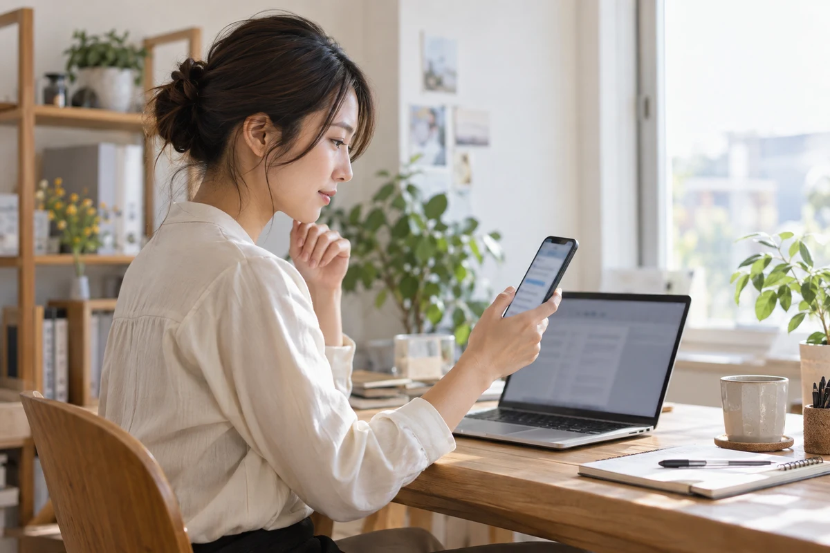 創業予定者が自分のスマートフォンとパソコンで電子契約を確認する架空の場面(AI生成)