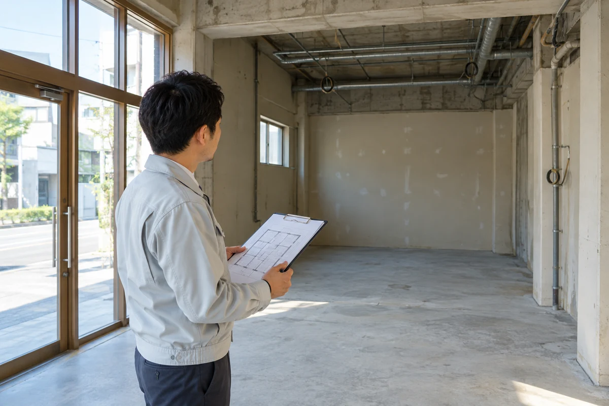 創業予定者が設備未設置の店舗で図面と工事状況を照合する架空の場面(AI生成)