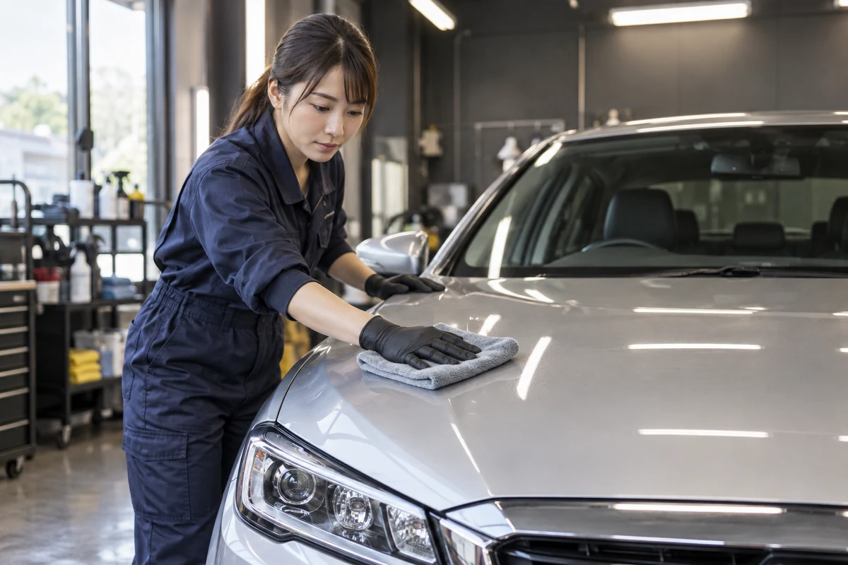 洗車・コーティングの技術者が作業場で車体をクロスで拭く架空の場面(AI生成)