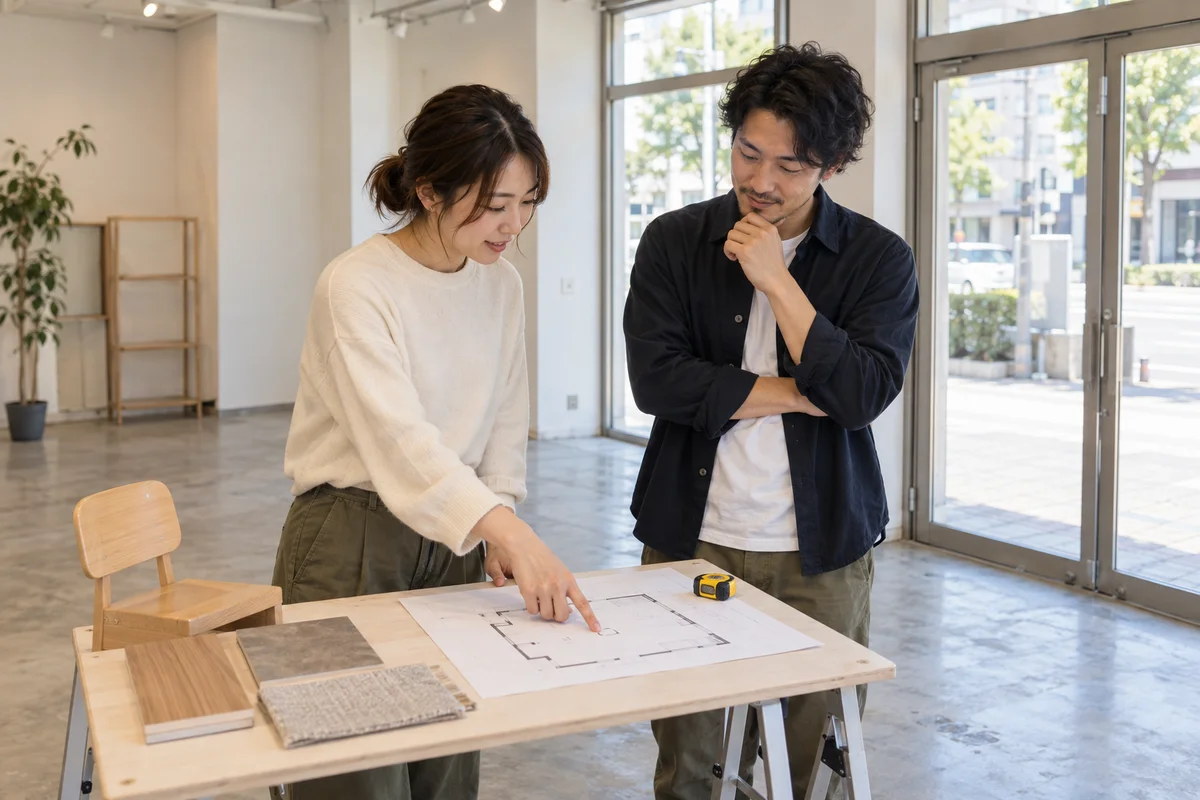 開業予定の店舗で二人の創業者が事業計画を相談する架空の場面(AI生成)