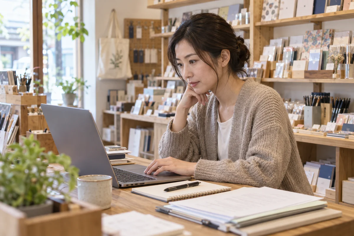 小さな文具店で創業者がパソコンと資料を確認する架空の場面(AI生成)
