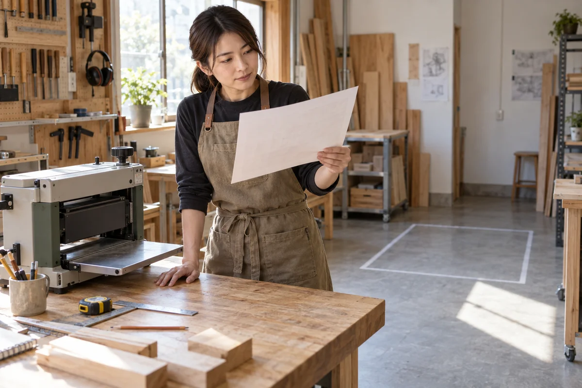小さな工房で創業者が設備仕様と設置場所を検討する架空の場面(AI生成)