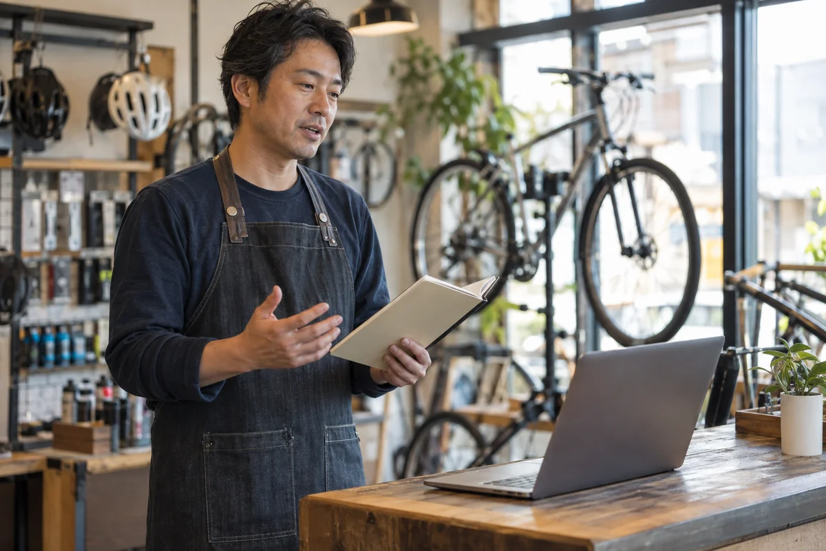 自転車店の創業者が一人で面談の説明を練習する架空の場面(AI生成)