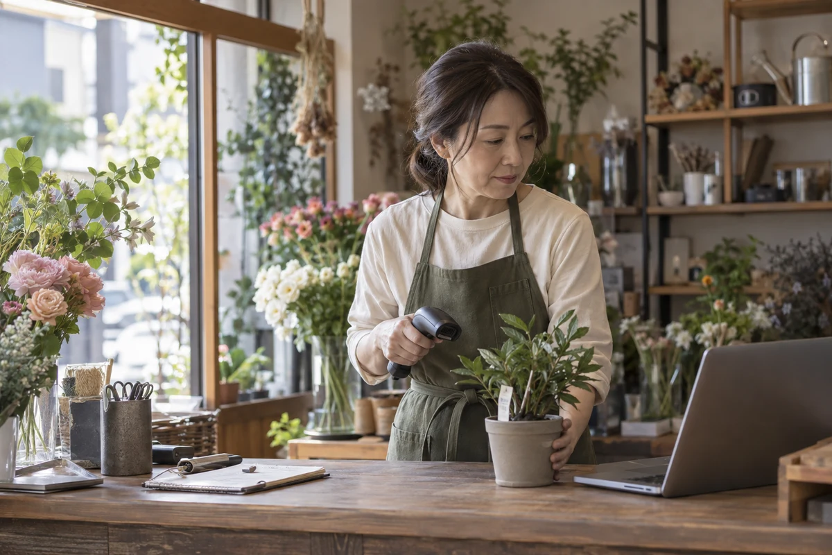 花店の店主が商品を読み取り、パソコンで在庫を確認する仕事の場面(AI生成)