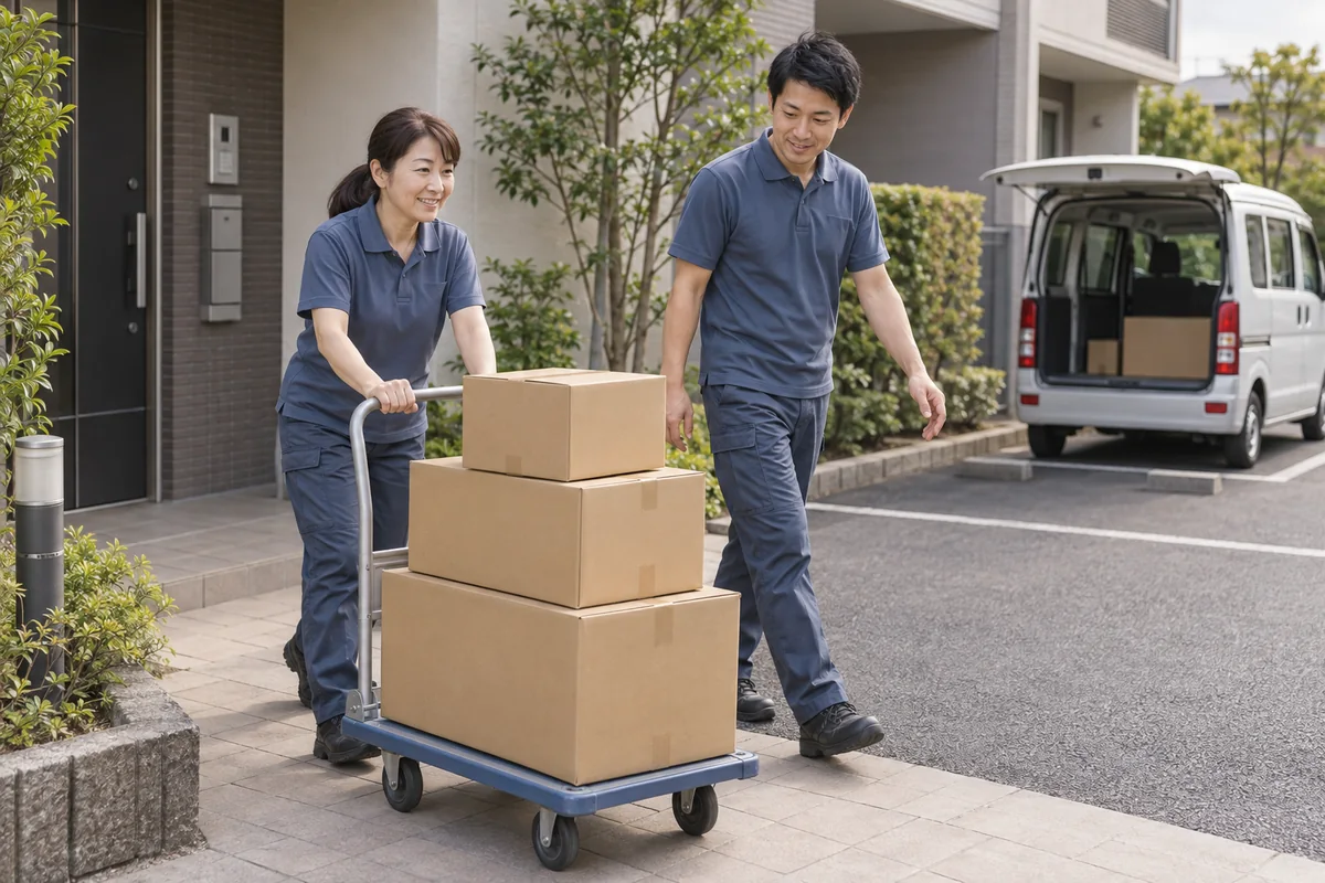 台車で段ボールを運ぶ2人の引越し作業者と軽貨物車(AI生成)