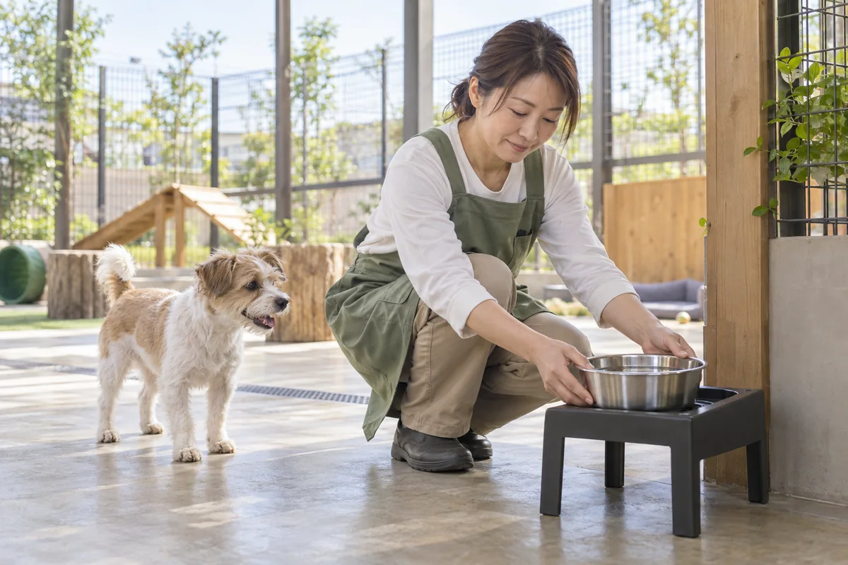 広い飼養スペースで犬の飲み水を交換する動物ケア担当者(AI生成)
