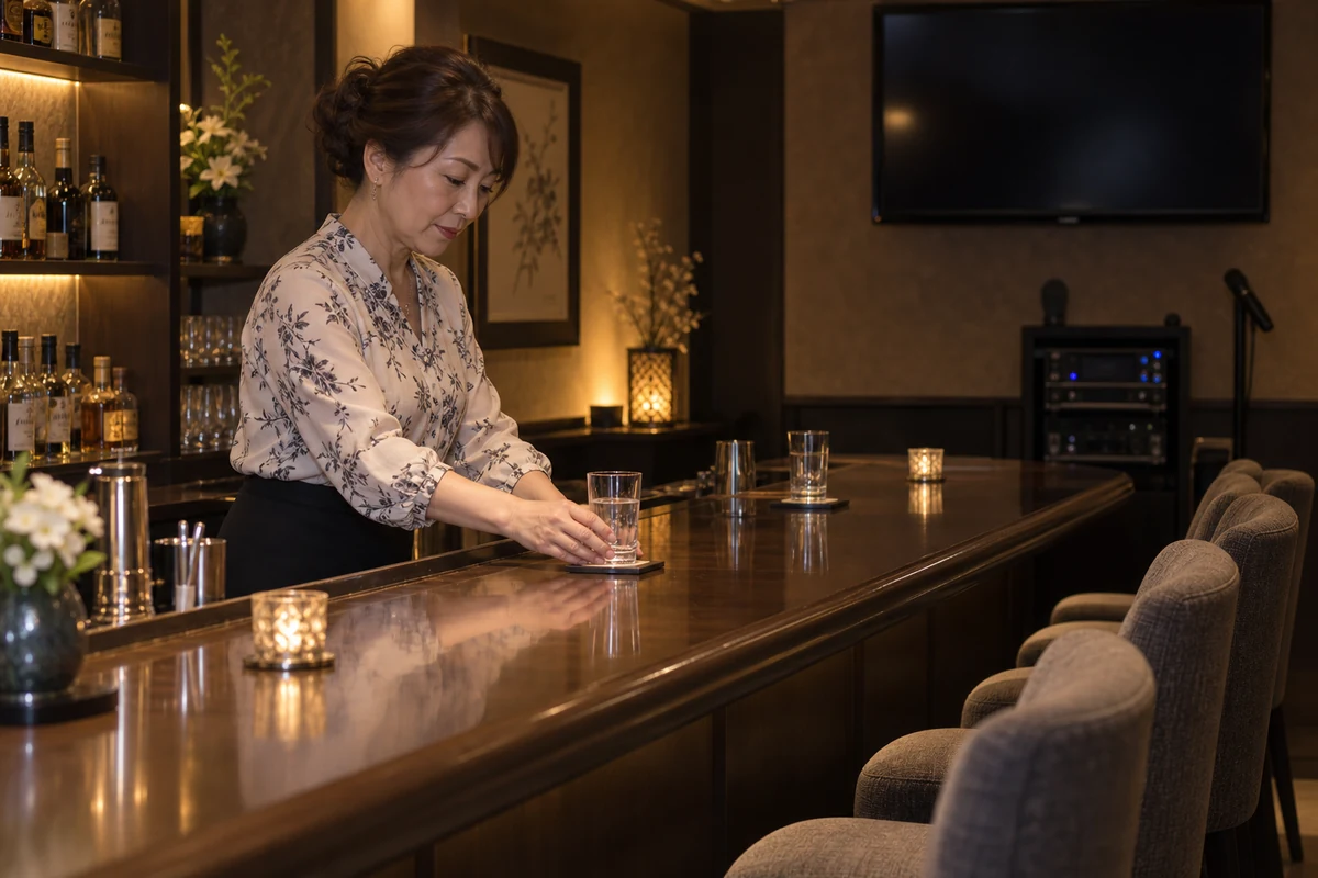 開店前のスナックでグラスとコースターを整える架空の女性経営者。AI生成。