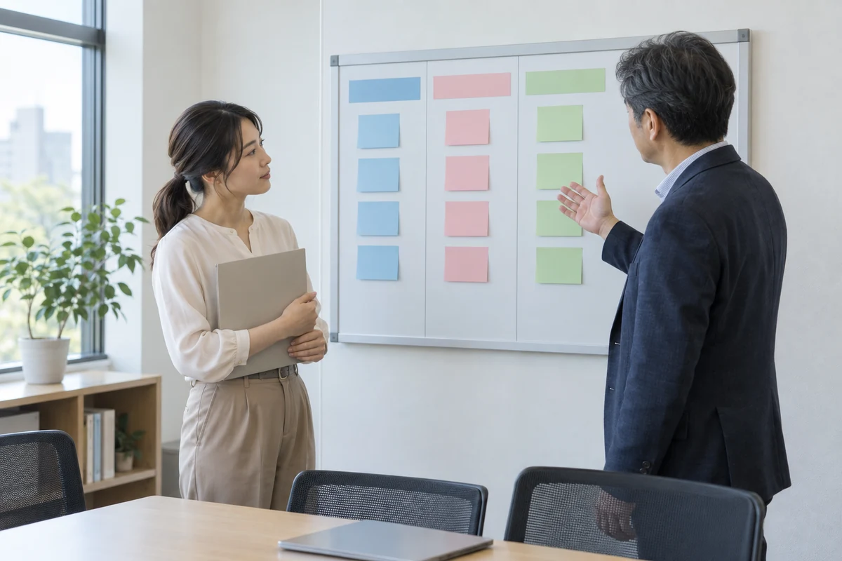 工程を色分けしたボードを見ながら日程を確認する架空の創業者と相談担当者。AI生成。